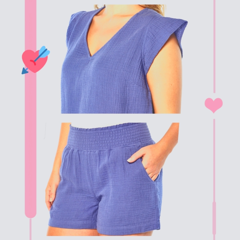Three Dots Short Sleeve V-Neck Short Set Cotton Gauze Periwinkle Sz Meduim New